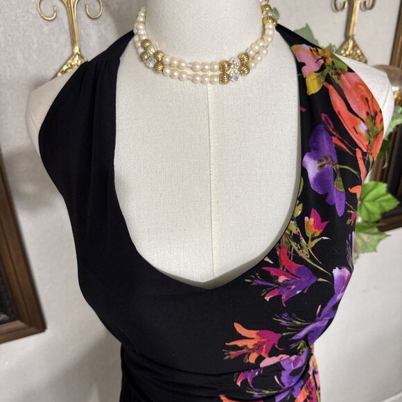 Women’s Halter Dress Black Multicolor Art Floral Mock Elastic Back Size XL - Picture 6 of 14